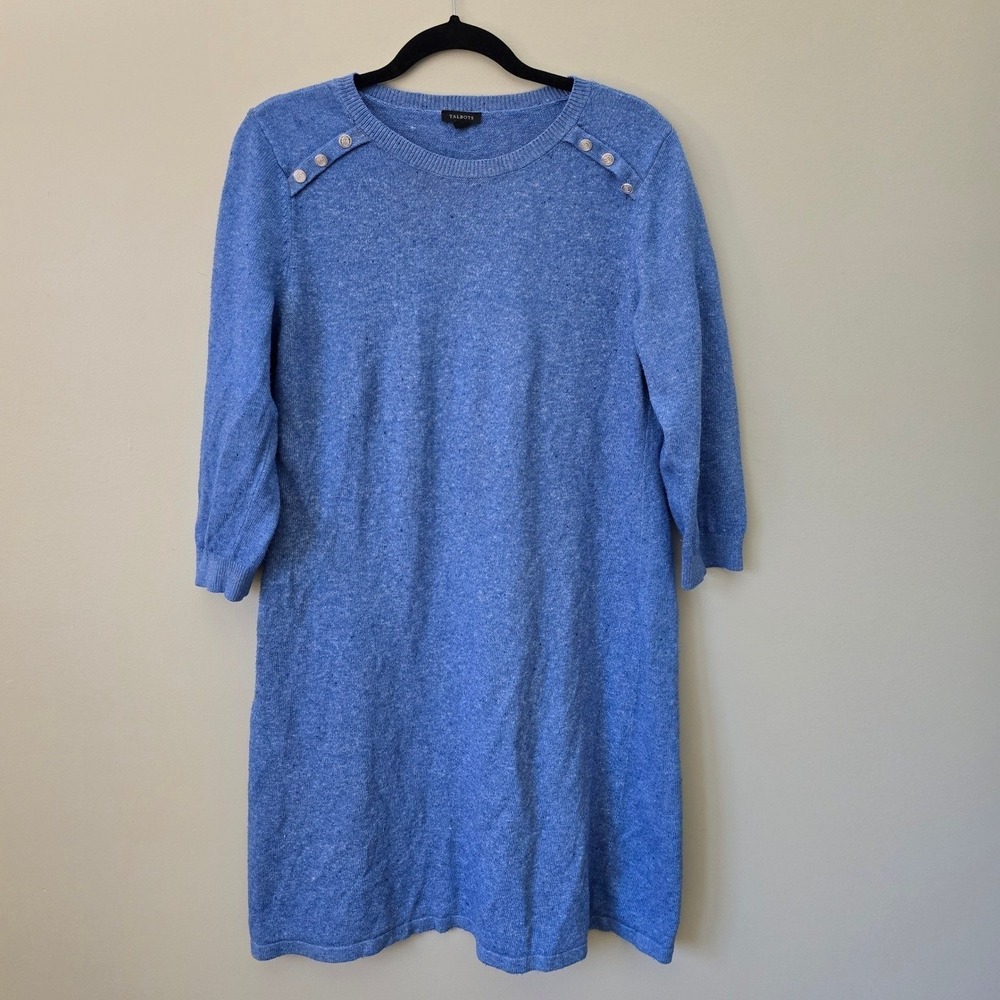 Talbots Blue Marl Button Shoulder Sweater Maxi Dress L Classic Prep Quiet Luxury